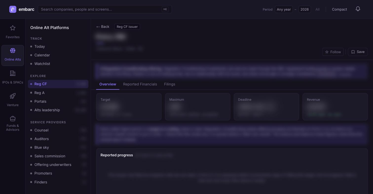 Example of the embarc dashboard's crowdfunding offering page — values blurred