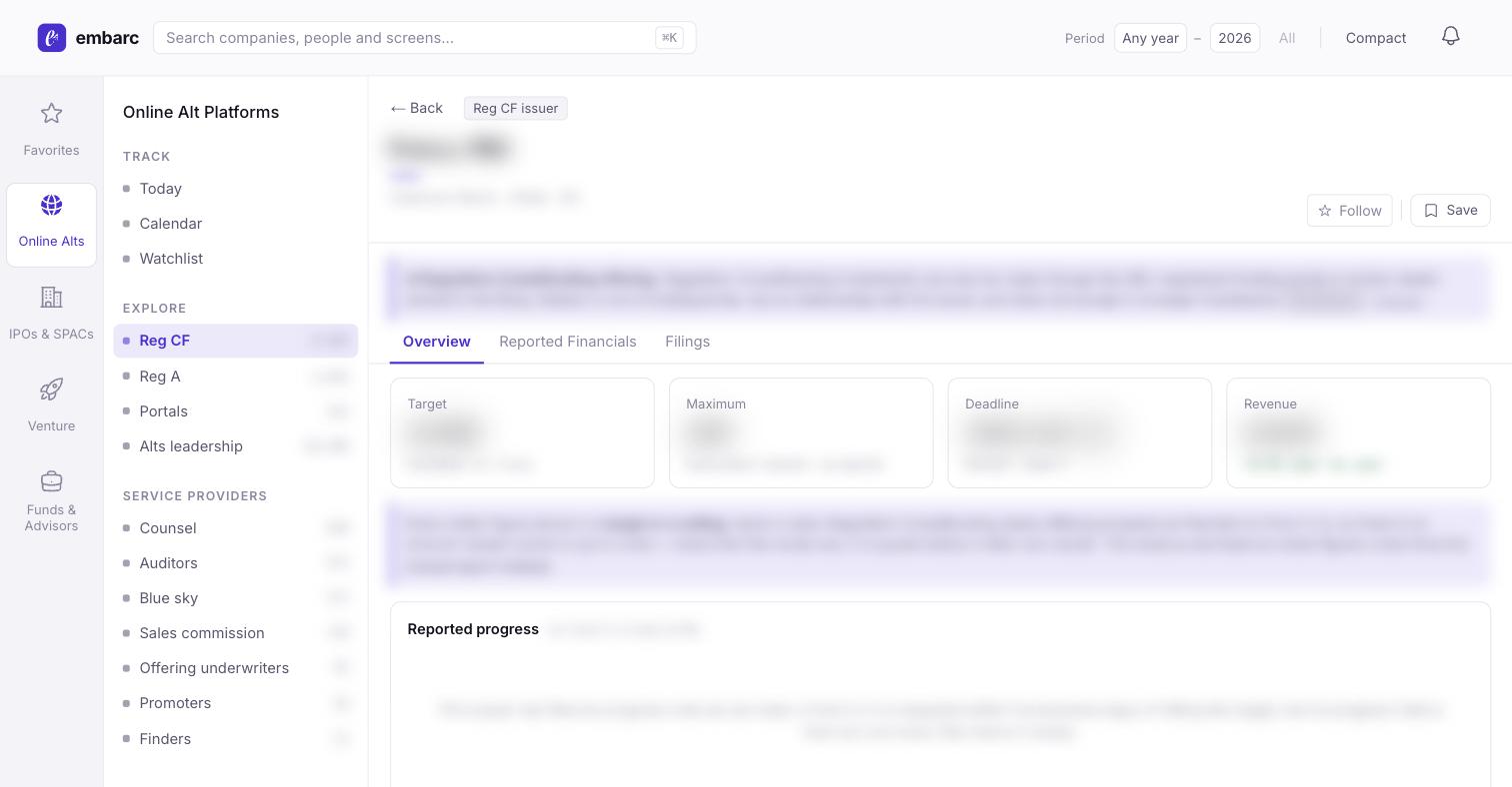 Example of the embarc dashboard's crowdfunding offering page — values blurred