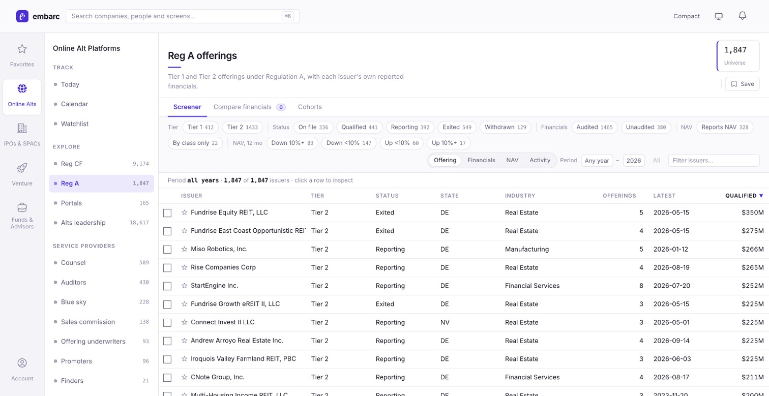 Example of the embarc dashboard's Reg A offering list page