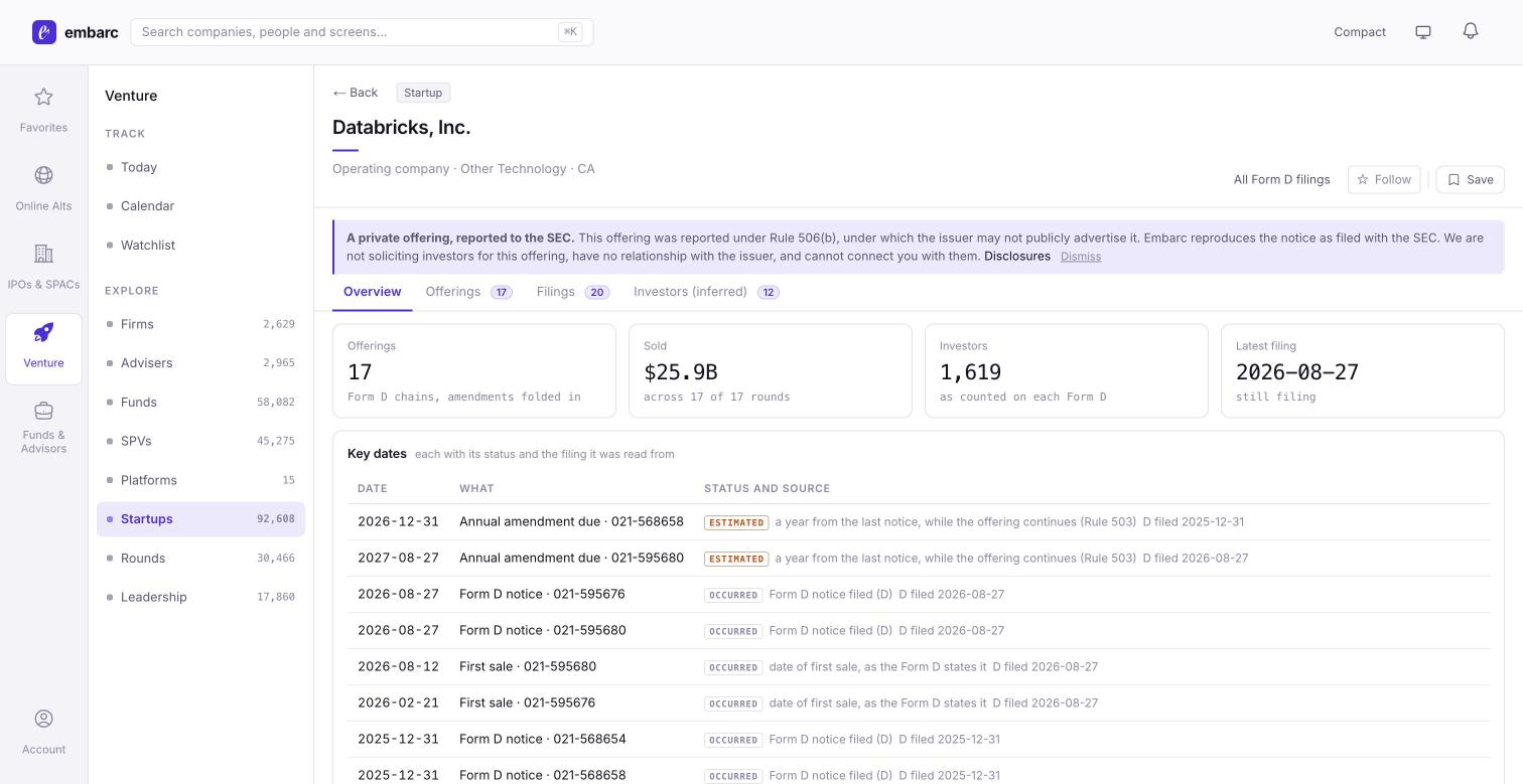 Example of the embarc dashboard's startup page